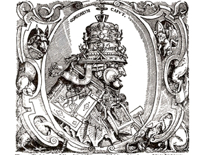 Голова римского папы в изображении Томаса Стиммера (Tobias Stimmer), 1577